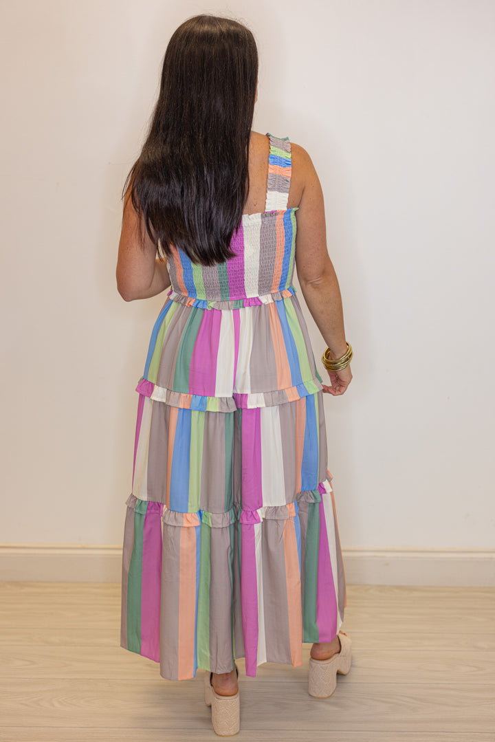 pastel stripe smocked chest midi dress