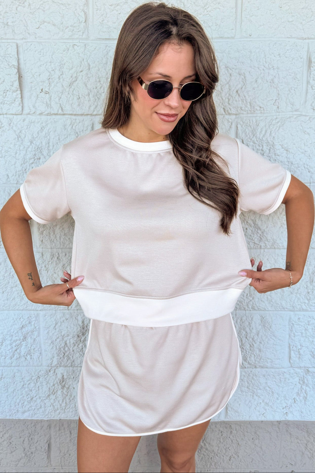 beige with pale pink trim details short sleeve crew neckline relaxed fit knit loungewear top