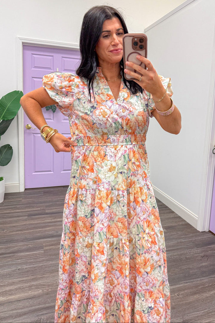 peach floral print plus size maxi dress with smocked stretch waist