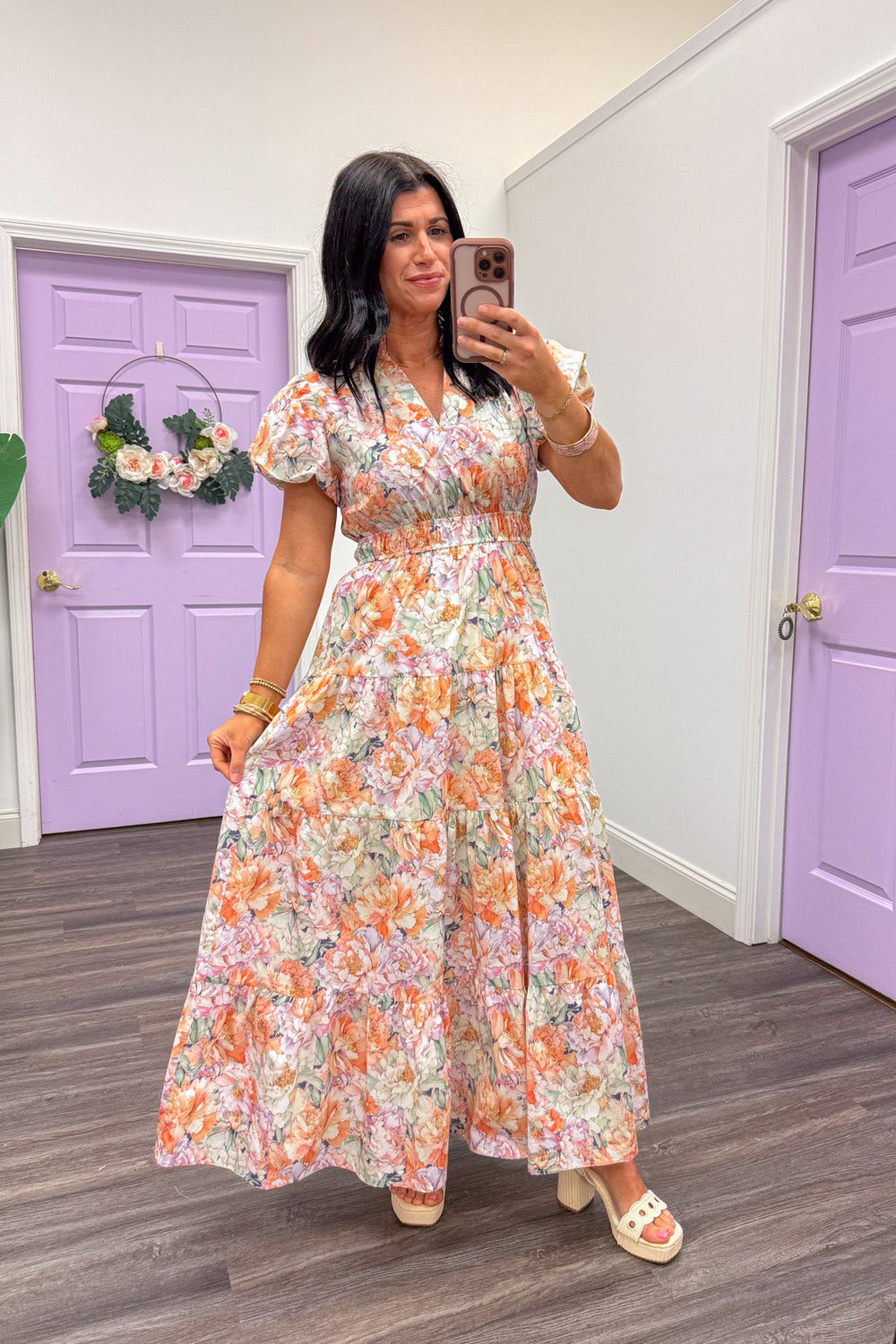 peach floral print plus size midi dress
