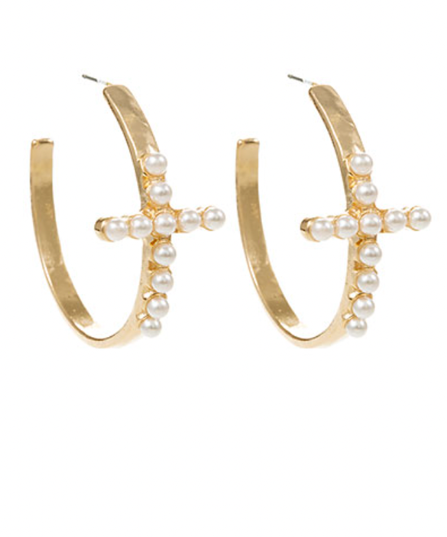 pearl cross hoop earrings