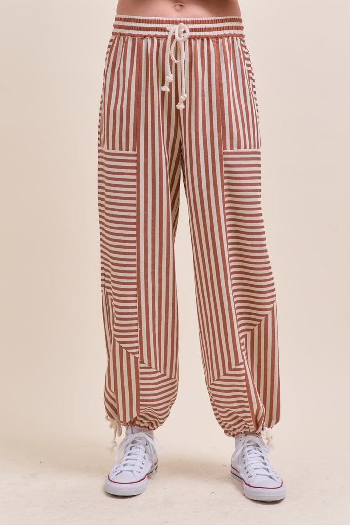 Women's pecan brown and cream striped wide leg pants with cinch ankle by &merci