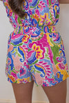 blue pink abstract printed elastic waist shorts