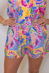 blue pink abstract printed elastic waist shorts