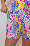 blue pink abstract printed elastic waist shorts