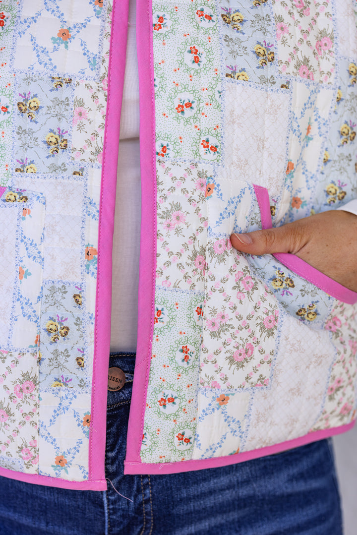 pink blue floral quilted jacket