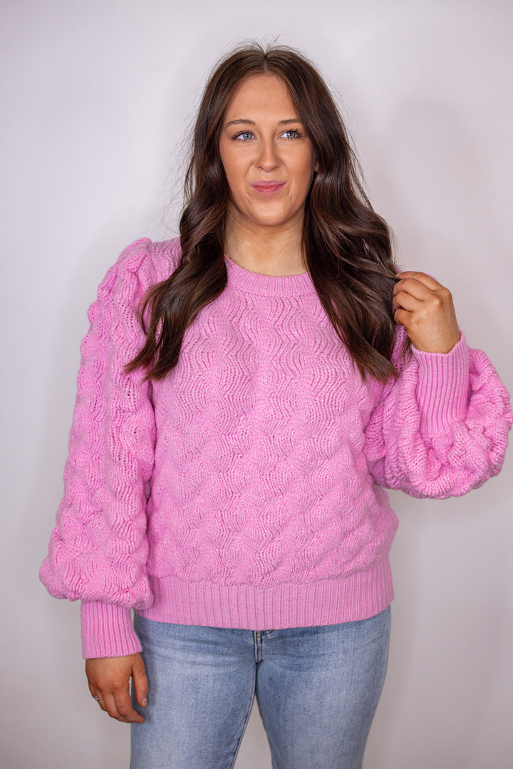 pink bubble textured knit sweater