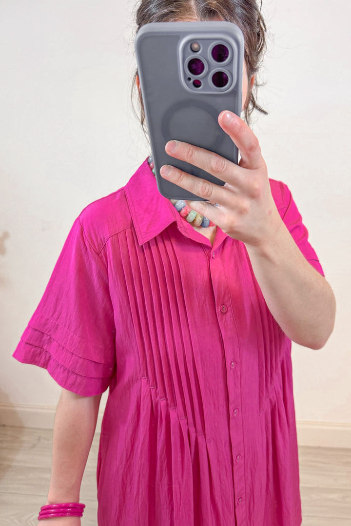 solid pink button down collared pintuck detail mini dress side pockets