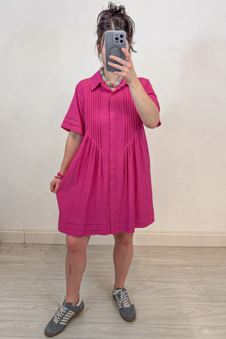 solid pink button down collared pintuck detail mini dress