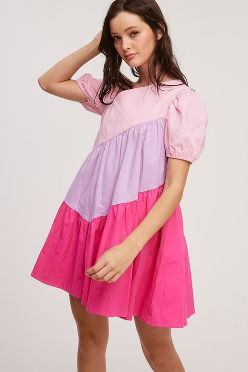 Ultramarine Pink multi colorblock asymmetrical tiered babydoll dress