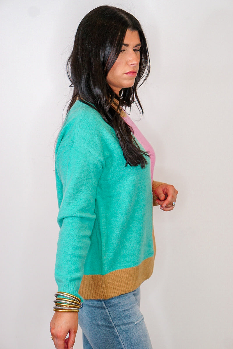 pink teal colorblock sweater