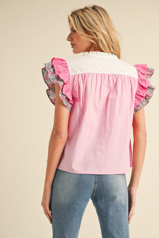 Jodifl Pink colorblock poplin babydoll top with floral print trimmed puff sleeves