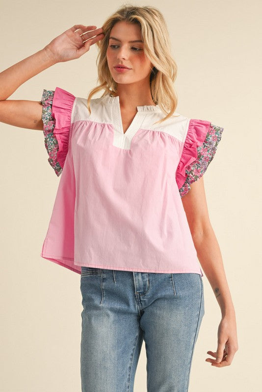 Jodifl Pink colorblock poplin babydoll top with floral print trimmed puff sleeves