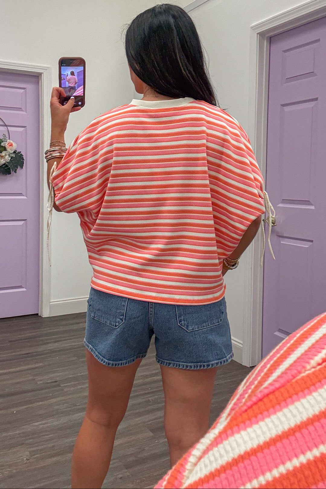 pink coral and cream horizontal striped short sleeve lightweight knit top