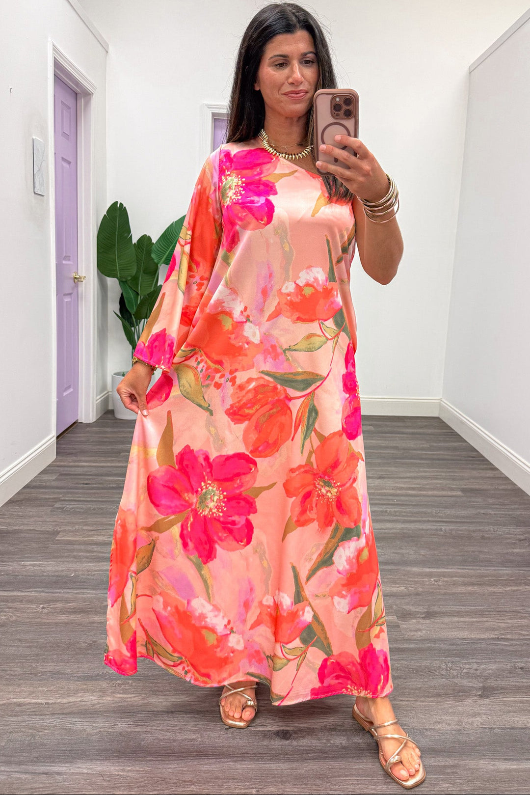 Pink Satin One Shoulder Maxi Dress With Floral Print Small