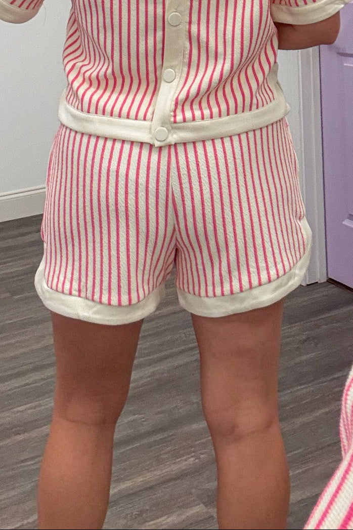 pink and cream vertical striped drawstring cozy terry knit shorts