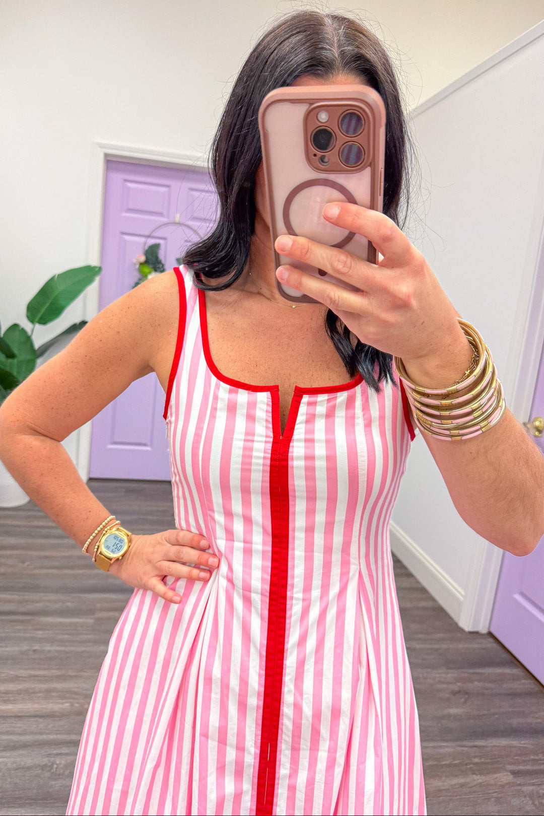 pink and cream vertical striped red trim sleeveless midi dress