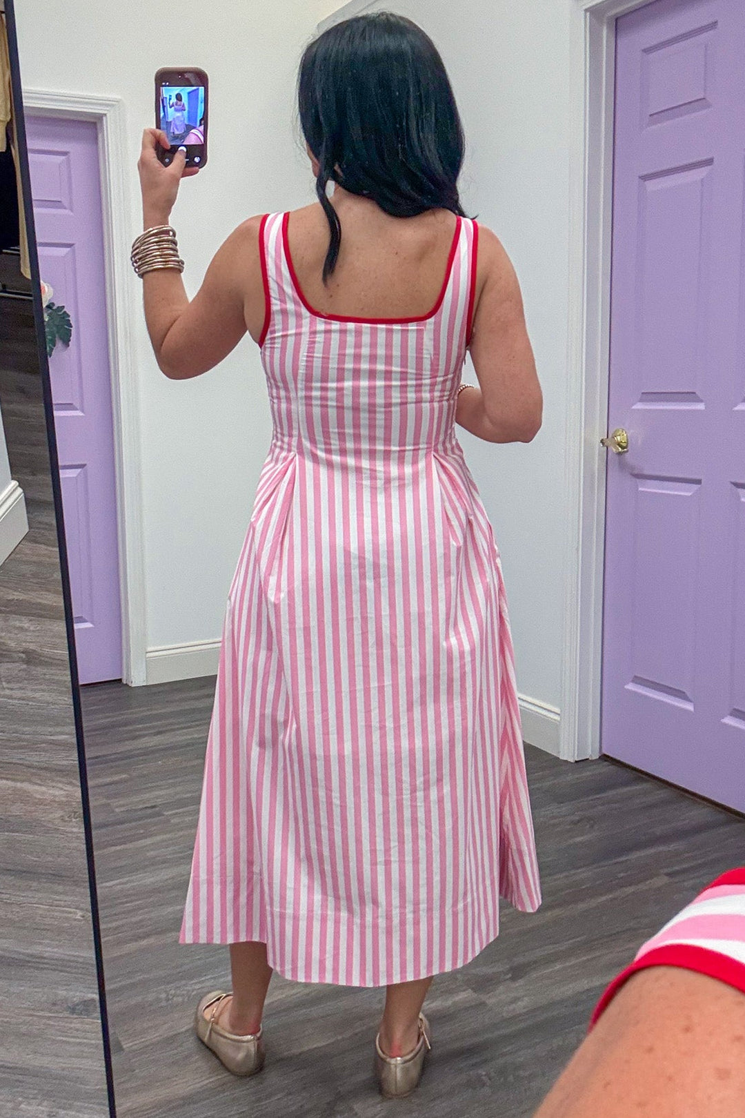 pink and cream vertical striped sleeveless midi dress back view