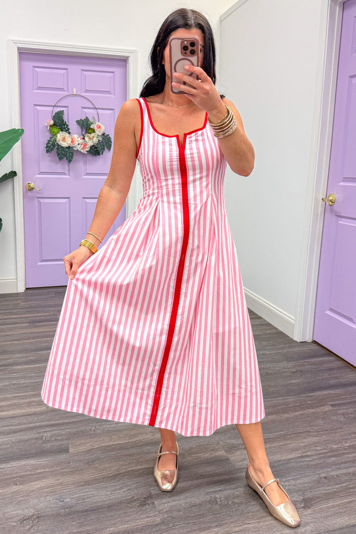 pink and cream vertical striped square neckline sleeveless flowy midi dress