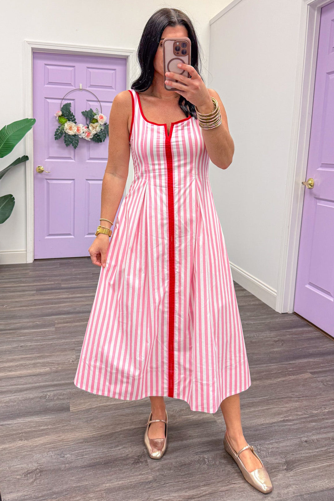 pink and cream vertical striped square neckline sleeveless midi dress