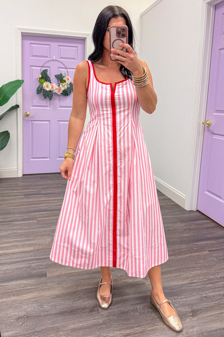 pink and cream vertical striped square neckline sleeveless midi dress