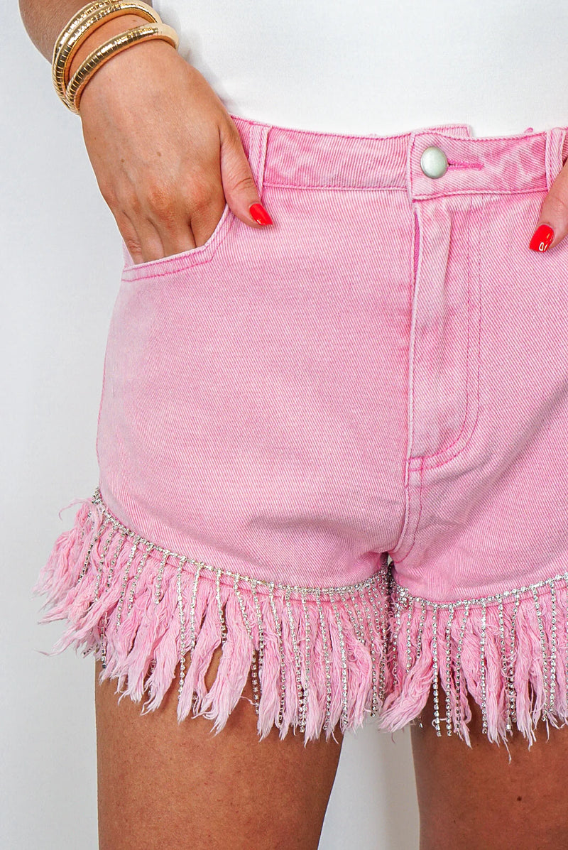 pink denim rhinestone fringe shorts