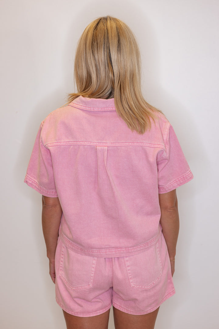 Bubblegum pink washed denim top with collar by Wishlist showing back view