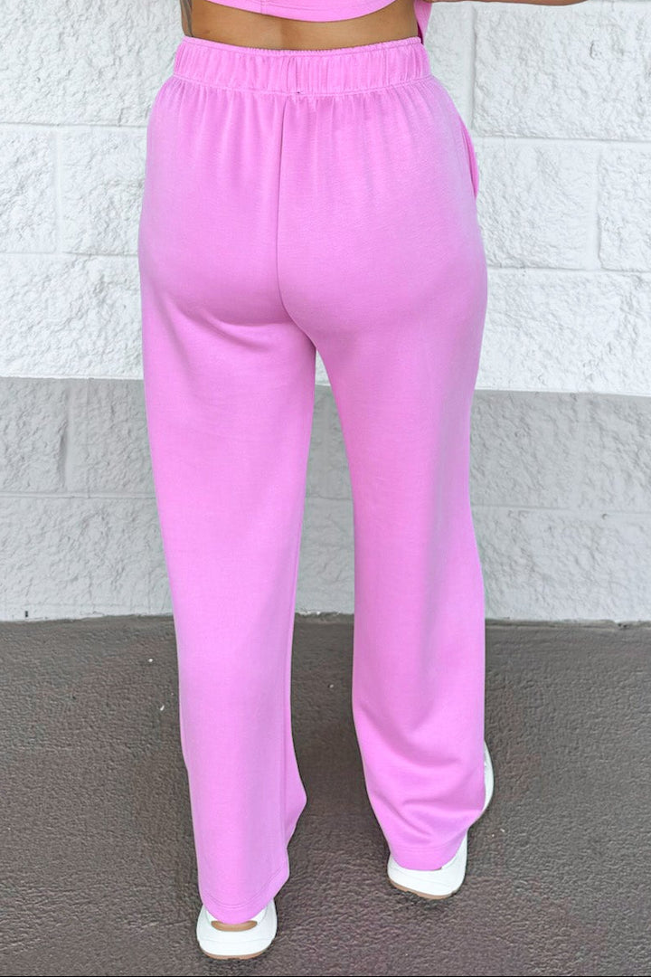 solid pink elastic waist wide leg butter soft luxe knit loungewear pants