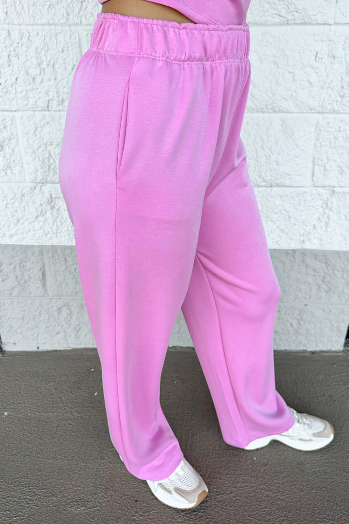 solid pink elastic waist wide leg luxe knit loungewear pants with front pockets