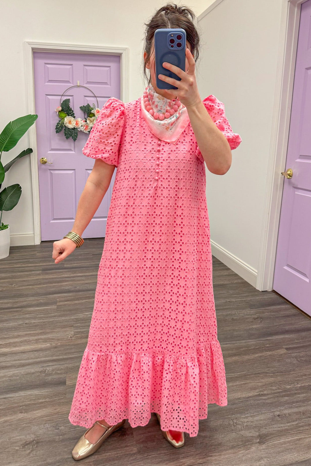 Light pink eyelet embroidery detail v neck puff sleeve maxi dress