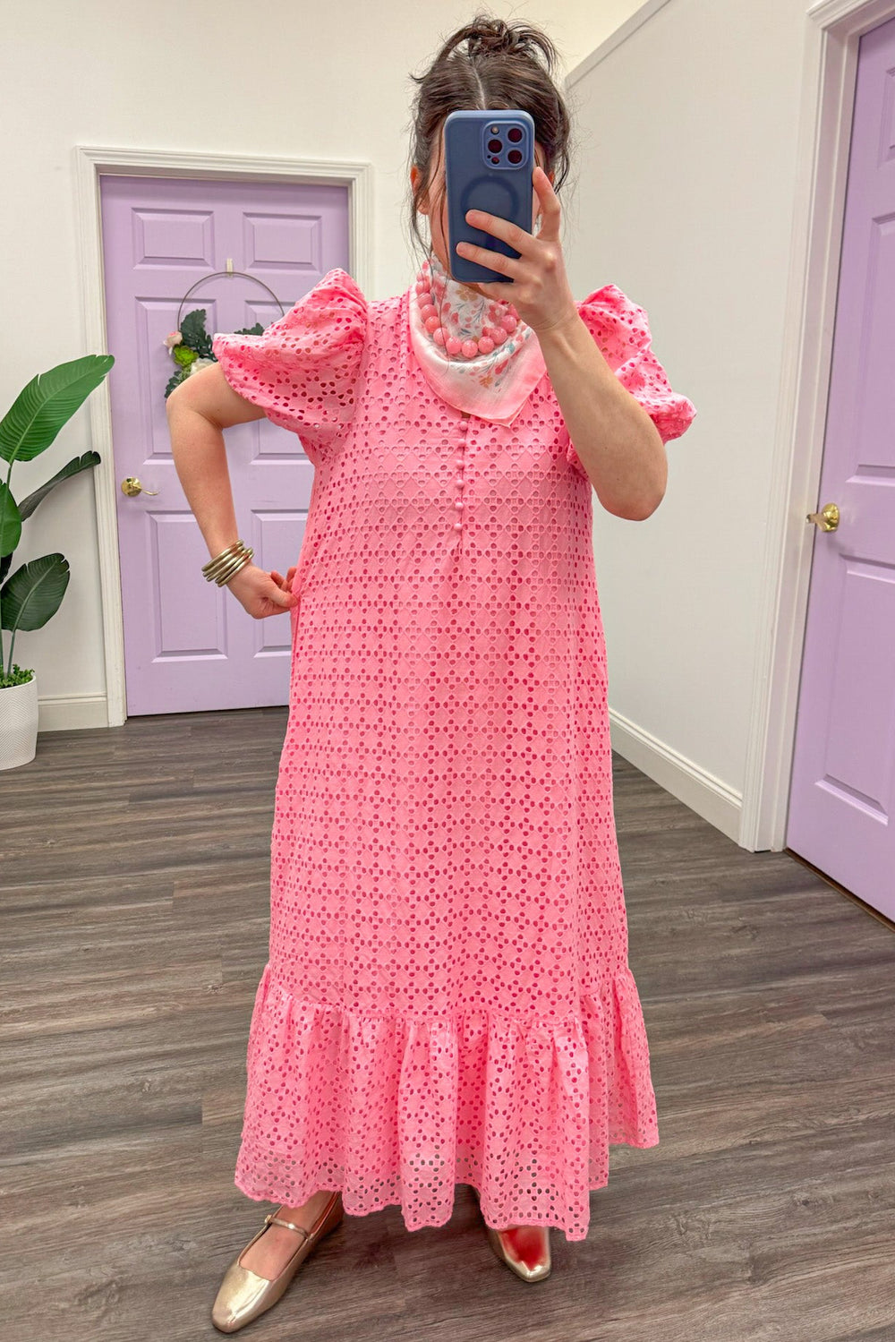 Light pink front button detail v neck puff sleeve maxi dress