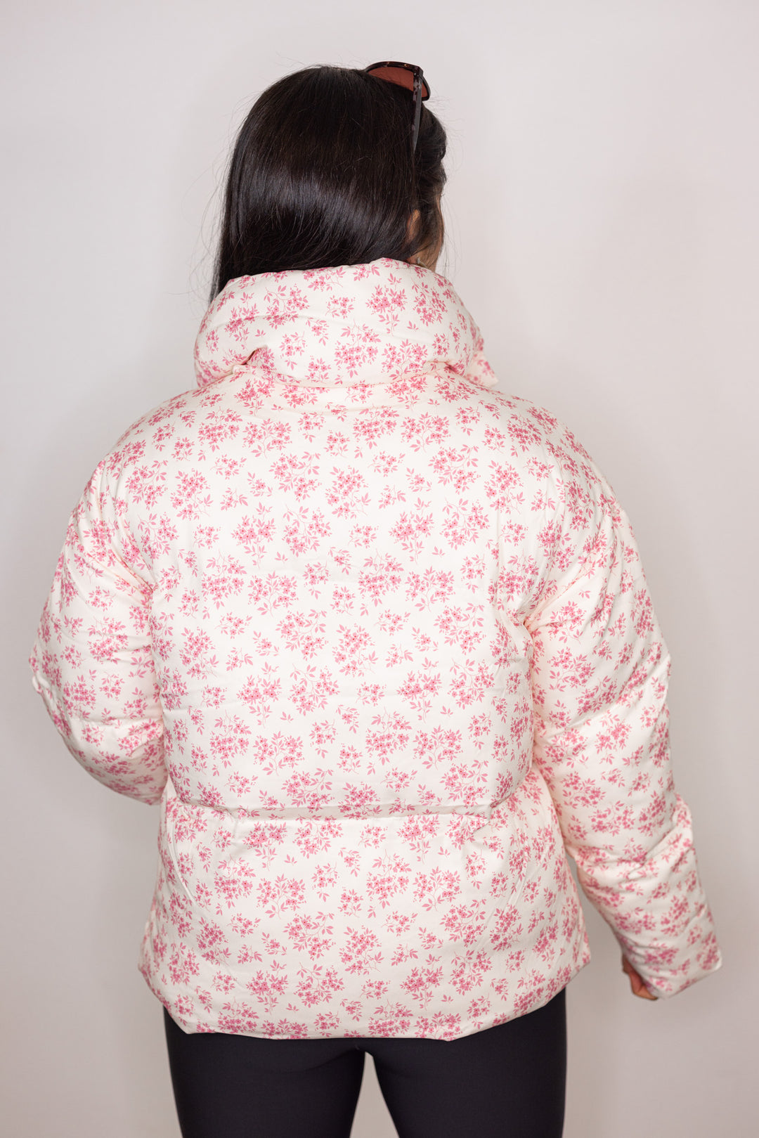 pink floral bow detail puffer jacket