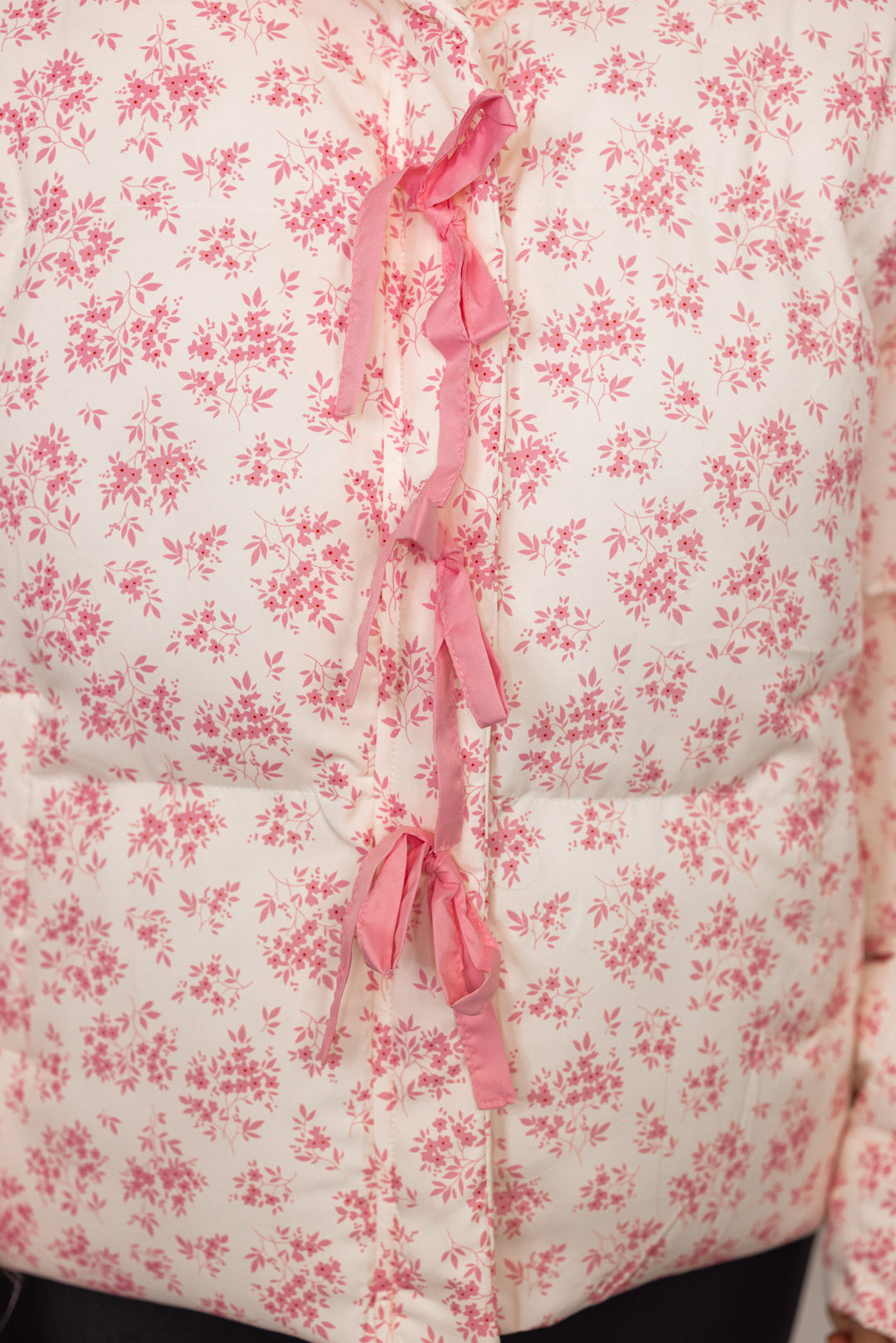 pink floral bow detail puffer jacket