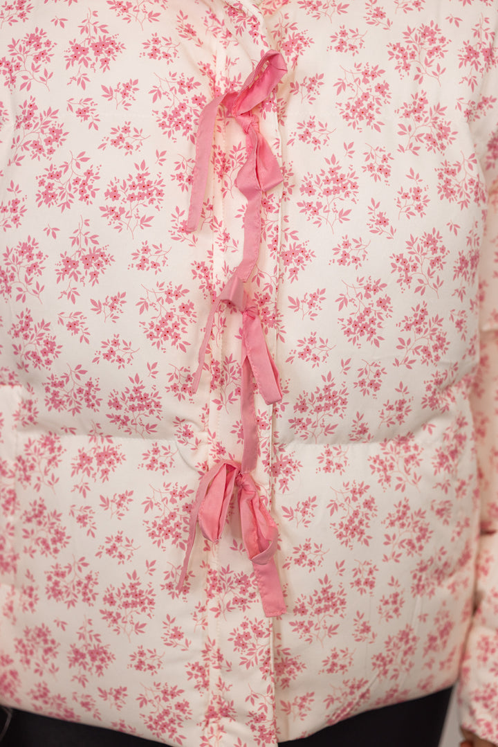 pink floral bow detail puffer jacket