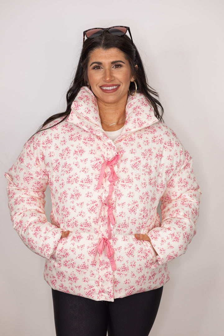 pink floral bow detail puffer jacket
