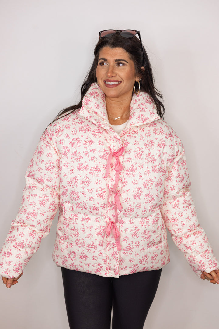 pink floral bow detail puffer jacket