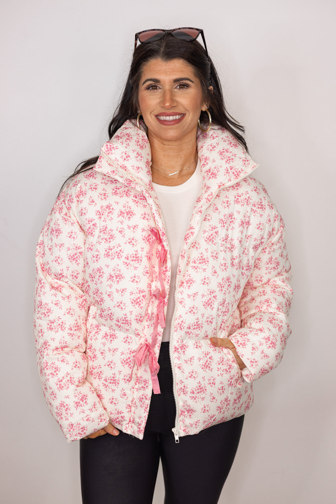 pink floral bow detail puffer jacket
