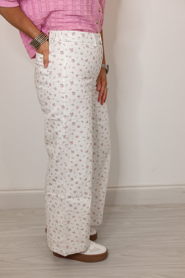 ivory cotton denim pants with pink floral print