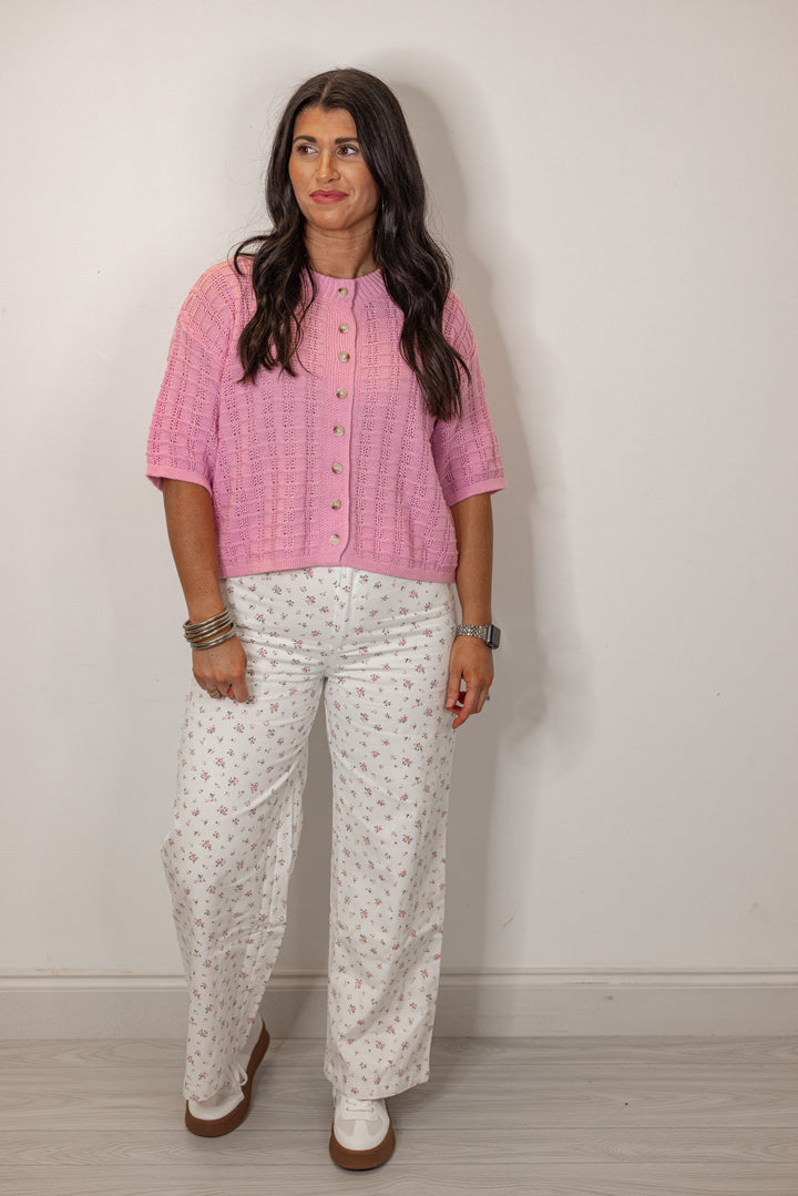 ivory cotton denim pants with pink floral print
