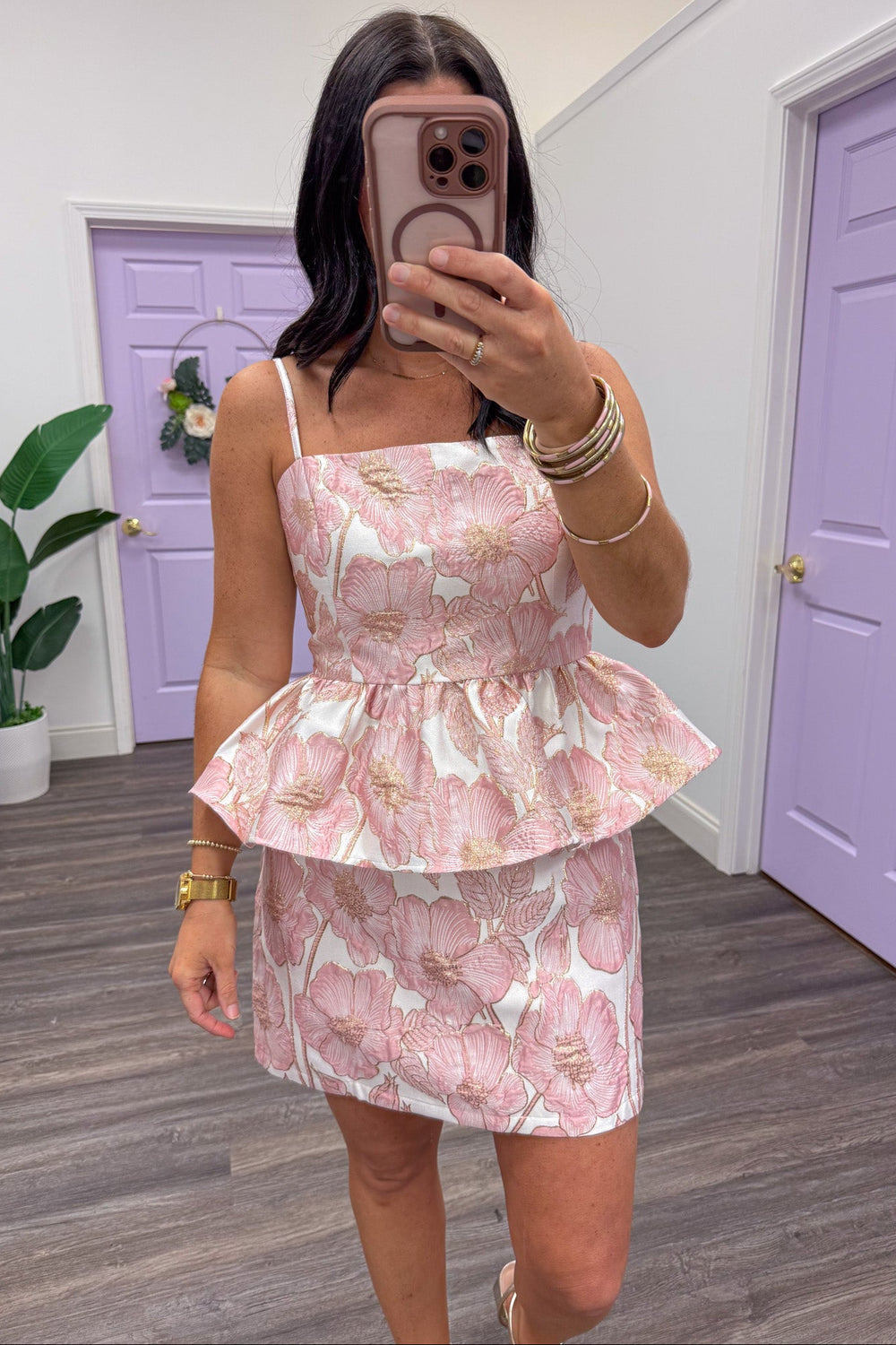 pink and ivory floral jacquard sleeveless square neckline peplum mini dress