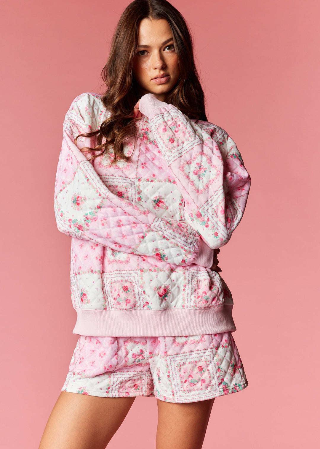 patchwork floral print quilted shorts sweatshirt set