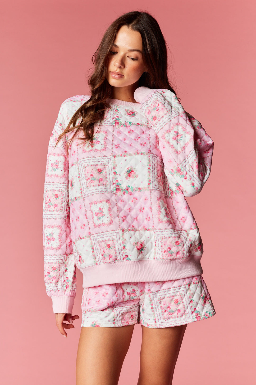 patchwork floral print quilted shorts set top