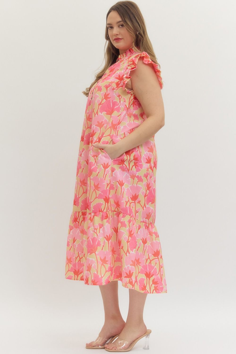 Entro pink and multicolor floral print midi dress with ruffle capped sleeves in plus with side pockets