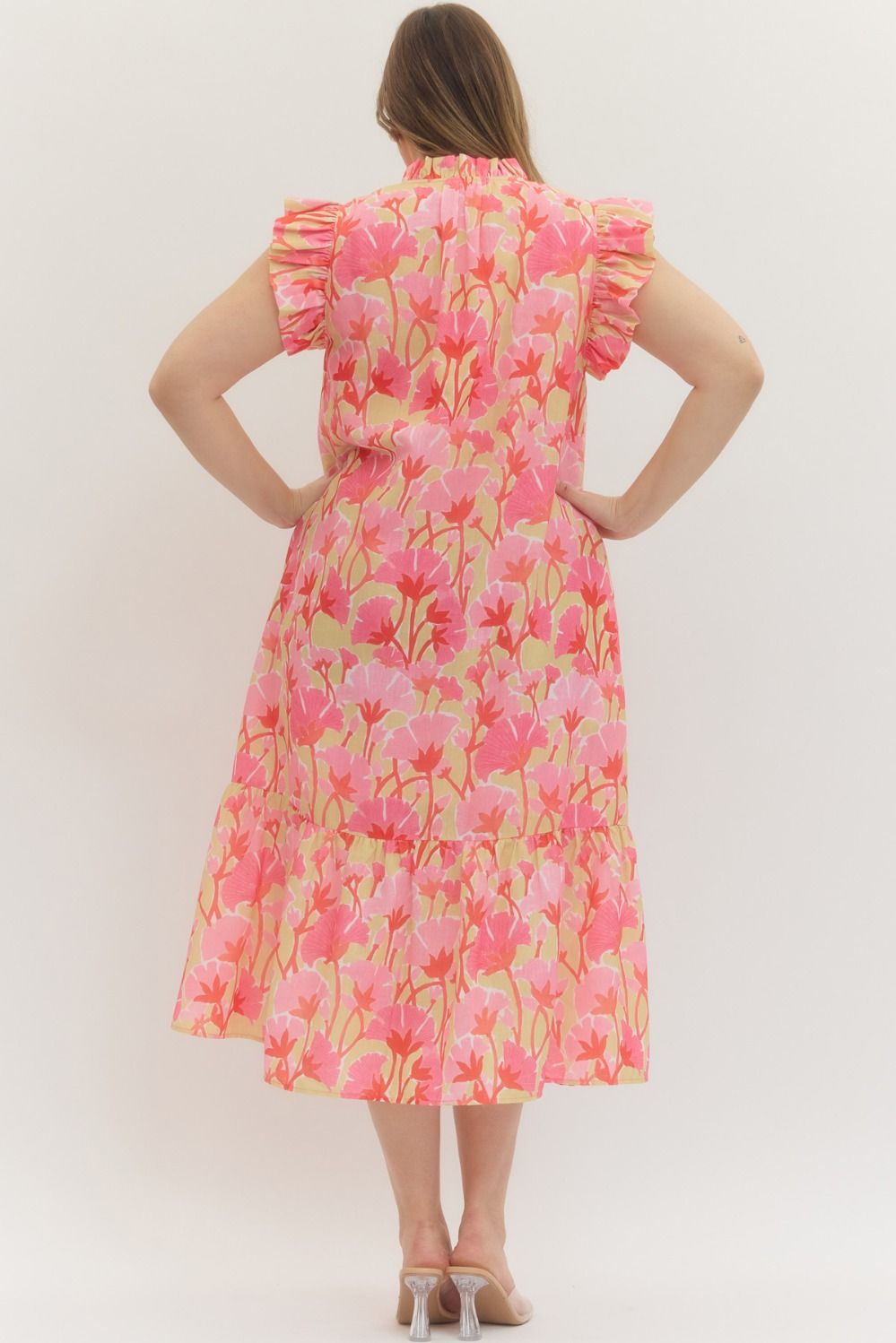 Entro pink and multicolor floral print midi dress with ruffle capped sleeves in plus showing back silhouette 