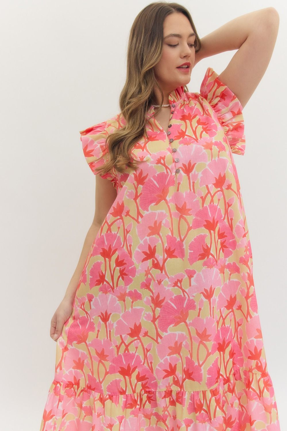 Entro pink and multicolor floral print midi dress in plus showing close up view of front
