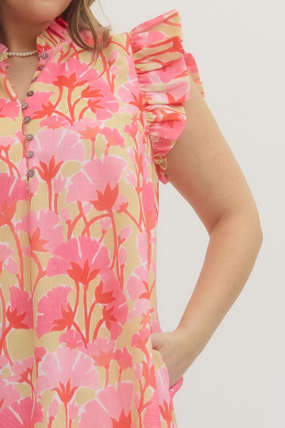 Entro pink and multicolor floral print midi dress in plus showing ruffle sleeve detail