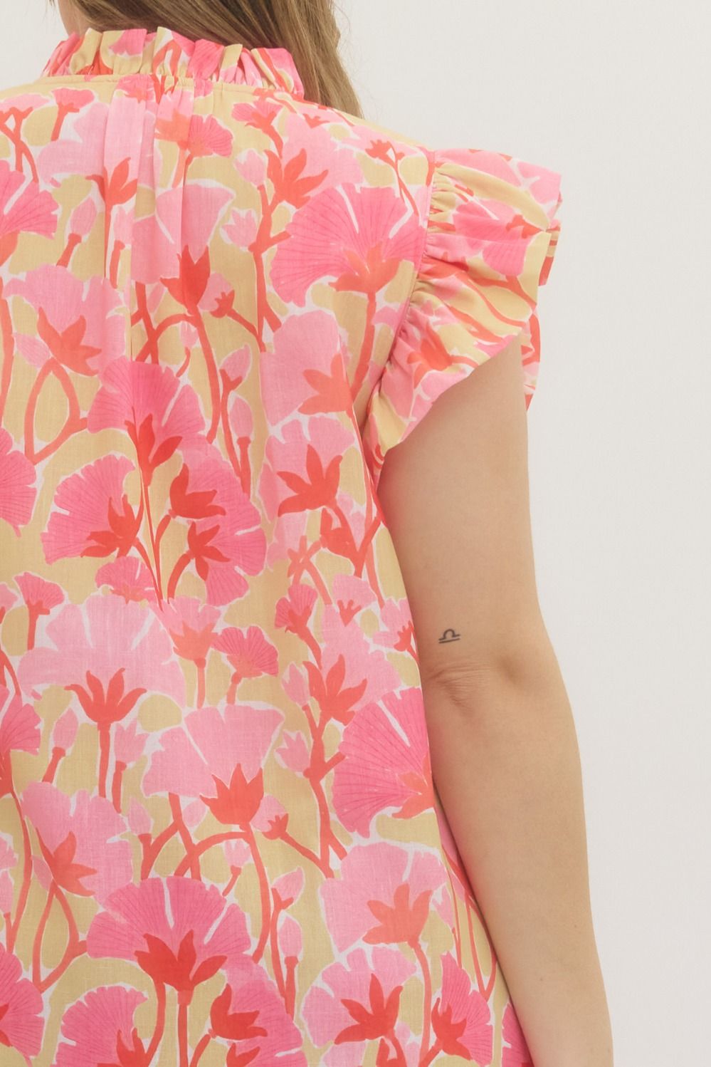 Entro pink and multicolor floral print midi dress in plus showing ruffle detail at sleeve in back