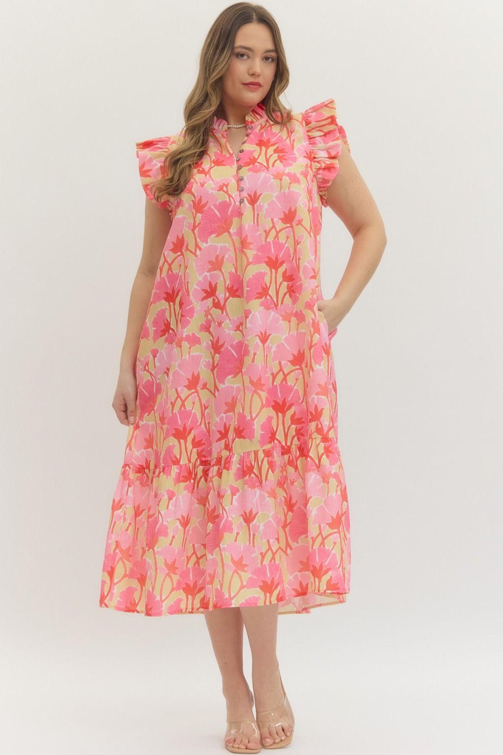 Entro pink and multicolor floral print midi dress with ruffle capped sleeves in plus