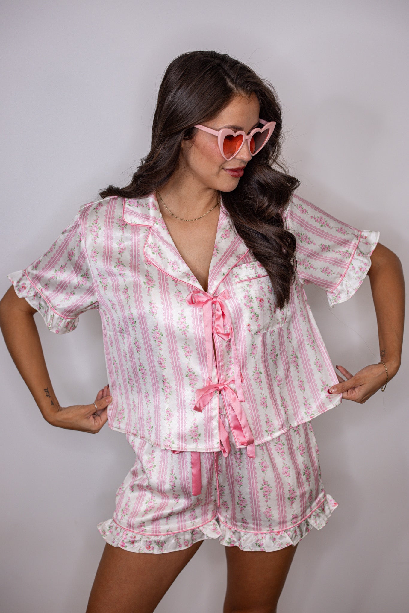 Floral Stripe Satin Pajama Shorts Set | Purple Door | Commerce GA