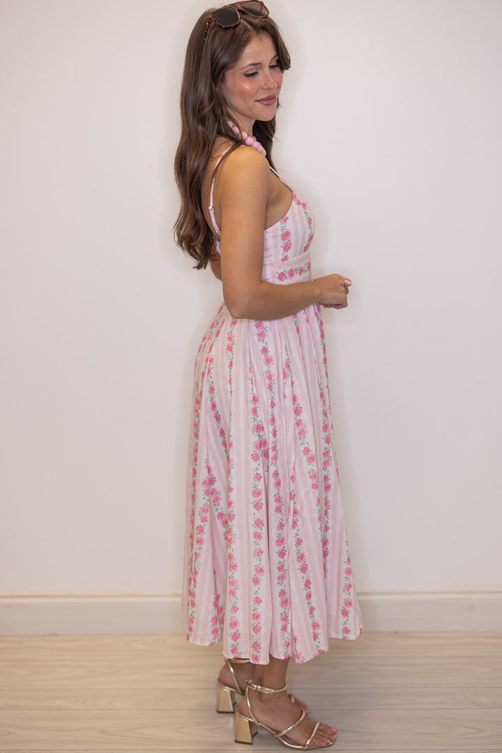 pale pink and cream striped floral print sleeveless spaghetti strap midi dress